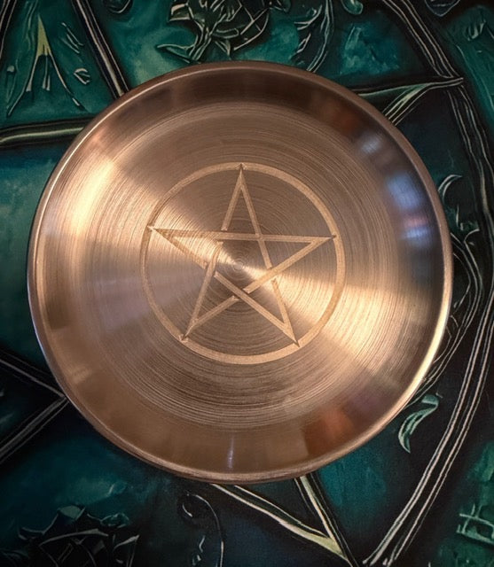 5.5-inch stainless steel Ritual Altar Plate on dark altar cloth