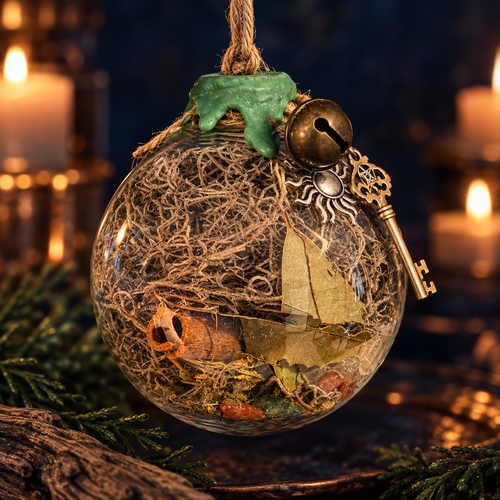 Abundance and Prosperity Witch Ball in a clear non-glass sphere with natural botanicals and brass charms against a moody navy, candlelit background