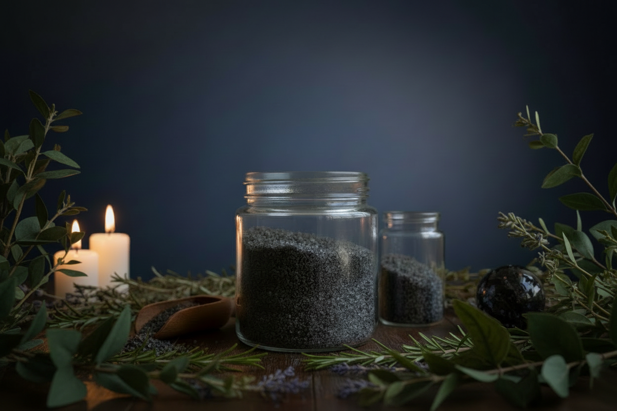 Green witch's salt in a glass jar on a dark navy ritual table framed by greenery and warm candlelight